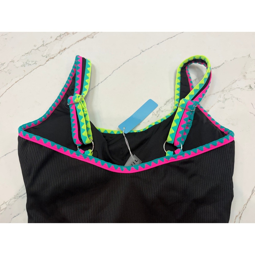 Popvil Womens Ribbed One Piece Swimsuit Black Neon Pink Yellow Trim High Cut NEW - Picture 12 of 12